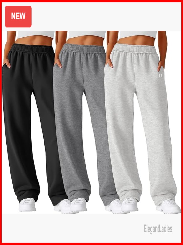 3 Pack Wide Leg Sweatpants Lounge Joggers Elastic Waist Pockets